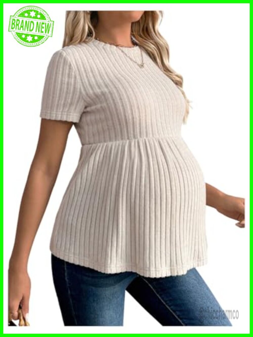 Maternity T-Shirt Ruffle Hem Crewneck Ribbed Knit Peplum Tee Top